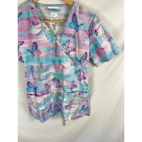 SB Scrubs Butterfly Short Sleeve Spring Summer Colorful Scrub Top Size XS - Picture 2 of 4